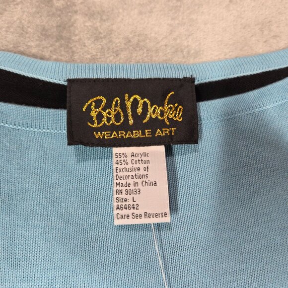 Bob Mackie Sweater Large Blue Black Embroidered Floral Boho Artsy Tunic NEW - Picture 2 of 8